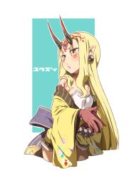 Rule 34 | 1girl, beads, blonde hair, cowboy shot, cropped legs, earrings, facial mark, fate/grand order, fate (series), fingers together, floral print, horns, ibaraki douji (fate), japanese clothes, jewelry, kimono, long hair, long sleeves, off shoulder, oni, oni horns, open mouth, own hands together, pointy ears, prayer beads, simple background, solo, straight hair, third eye, very long hair, white background, wide sleeves, yellow eyes, yellow kimono, yuuzii
