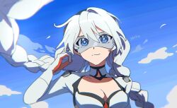 1girl artist_name battlesuit blue_eyes blue_sky bodysuit braid breasts cleavage cleavage_cutout closed_mouth clothing_cutout collarbone commentary day english_commentary goggles hair_between_eyes highres honkai_(series) honkai_impact_3rd kiana_kaslana kiana_kaslana_(white_comet) long_hair long_sleeves looking_at_viewer outdoors sky smile solo twin_braids uehara_suiyo upper_body white_bodysuit white_hair