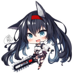 Rule 34 | 1girl, :d, animal ear fluff, animal ears, arknights, beni shake, black gloves, black hair, black skirt, blaze (arknights), blue eyes, blush, breasts, chainsaw, chibi, commentary request, fang, full body, gloves, hair between eyes, hairband, holding, long hair, medium breasts, open mouth, red hairband, shirt, signature, simple background, skirt, smile, solo, twintails, very long hair, white background, white shirt
