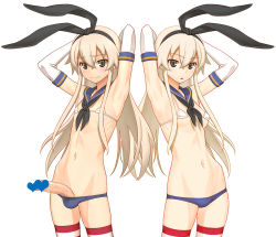 Rule 34 | 1boy, 1girl, animal ears, armpits, arms up, bikini, black neckerchief, blonde hair, blue bikini, blush, breasts, censored, commentary request, cowboy shot, detached collar, elbow gloves, embarrassed, erection, fake animal ears, gloves, grey eyes, hair between eyes, heart, heart censor, kantai collection, large penis, long hair, looking at viewer, micro bikini, minazuki juuzou, navel, neckerchief, penis, rabbit ears, sailor collar, shimakaze-kun, shimakaze (kancolle), sidelocks, simple background, small breasts, striped clothes, striped thighhighs, swimsuit, thighhighs, trap, veins, veiny penis, white bikini