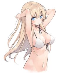 Rule 34 | 1girl, armpits, arms up, bare arms, bare shoulders, bikini, blonde hair, blue eyes, blush, breasts, cleavage, closed mouth, collarbone, commentary request, copyright request, hair tie, hairdressing, long hair, looking at viewer, medium breasts, mouth hold, navel, poco (asahi age), simple background, solo, stomach, swimsuit, upper body, very long hair, white background, white bikini