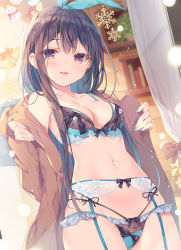 Rule 34 | 1girl, bare shoulders, black hair, blue nails, breasts, brown coat, brown eyes, cleavage, coat, collarbone, cowboy shot, garter belt, groin, hair ribbon, lingerie, long hair, looking at viewer, medium breasts, miwabe sakura, nail polish, navel, off shoulder, open clothes, open coat, open mouth, original, panties, panties over garter belt, ribbon, sidelocks, smile, solo, stomach, thighs, underwear