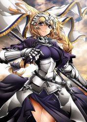 Rule 34 | &gt;:(, 1girl, arikanrobo, armor, armored dress, black bow, blonde hair, bow, braid, breasts, chain, closed mouth, cowboy shot, fate/apocrypha, fate (series), faulds, flag, frown, gauntlets, hair bow, headpiece, highres, jeanne d&#039;arc (fate), jeanne d&#039;arc (ruler) (fate), long hair, looking at viewer, medium breasts, purple eyes, single braid, solo, v-shaped eyebrows