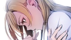 Rule 34 | 10s, 1girl, blonde hair, brown eyes, earrings, face, finger to mouth, from side, hand on another&#039;s shoulder, idolmaster, idolmaster cinderella girls, jewelry, lips, long hair, looking down, luncheon meat umai, matsunaga ryo, solo focus