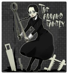 Rule 34 | addams family, black dress, black footwear, black hair, boots, braid, copyright name, dress, goth fashion, grey background, grey eyes, hand saw, high heel boots, high heels, holding, holding weapon, knife, koguchi (kgc030), long dress, pale skin, parted lips, saw, standing, tongs, twin braids, weapon, wednesday addams