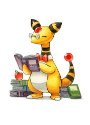 Rule 34 | ^ ^, ampharos, apple, book, book stack, bow, bowtie, closed eyes, commentary, creatures (company), detached collar, english commentary, food, fruit, game freak, gen 2 pokemon, glasses, holding, holding book, nintendo, no humans, oliver hamlin, open book, painting (medium), pince-nez, pokemon, pokemon (creature), red bow, red bowtie, round eyewear, simple background, solo, standing, traditional media, watercolor (medium), white background