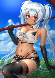 Rule 34 | 1girl, absurdres, alabama (azur lane), areola slip, arm support, armpits, asakura (float flood), azur lane, bare shoulders, bikini, black bikini, black gloves, black thighhighs, blue sky, body markings, breasts, cleavage, clothes writing, cloud, commentary request, cowboy shot, dark-skinned female, dark skin, day, detached collar, elbow gloves, facial mark, gloves, hair between eyes, highleg, highleg bikini, highres, holding, holding scythe, large breasts, long hair, looking at viewer, midriff, navel, over shoulder, parted lips, pond, red eyes, scythe, see-through, short shorts, shorts, sidelocks, sitting, skindentation, sky, solo, strapless, swimsuit, thighhighs, tube top, twintails, very long hair, water, weapon, weapon over shoulder, wet, wet clothes, white hair