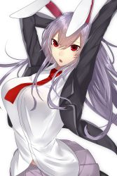 Rule 34 | 1girl, animal ears, arms up, black jacket, blazer, breasts, collared shirt, hair between eyes, highres, jacket, large breasts, light purple hair, long hair, long sleeves, looking at viewer, necktie, onineko-chan, open clothes, open jacket, open mouth, pleated skirt, purple hair, purple skirt, rabbit ears, red eyes, red necktie, reisen udongein inaba, shirt, simple background, skirt, solo, teeth, touhou, untucked shirt, upper body, white background, white shirt