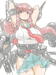 Rule 34 | 1girl, arm behind head, armband, arms up, belt, blue skirt, blush, boyo (hellmayuge), breasts, brown hair, cannon, closed mouth, clothing cutout, cowboy shot, eyebrows, female focus, flower, hair flower, hair ornament, hellmayuge, large breasts, legs together, long hair, machinery, necktie, ooi (warship girls r), pleated skirt, red eyes, red necktie, sailor collar, sailor shirt, shirt, sidelocks, sketch, skirt, solo, standing, sweat, thigh cutout, torpedo, turret, warship girls r, white background, white shirt