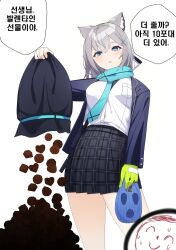 Rule 34 | 1bitheart, 1girl, absurdres, animal ears, black skirt, blue archive, blue eyes, breasts, chocolate, doodle sensei (blue archive), grey hair, highres, jirari, looking at viewer, medium breasts, navel, sensei (blue archive), shiroko (blue archive), shirt, short hair, simple background, skirt, white background, white shirt, wolf ears