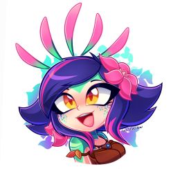 Rule 34 | 1girl, :d, artist name, bare shoulders, breasts, colored skin, commentary request, flipped hair, flower, gistmellow, green skin, hair flower, hair ornament, highres, league of legends, medium breasts, neeko (league of legends), open mouth, orange eyes, pink flower, purple hair, smile, solo, teeth, tongue, upper teeth only, white background