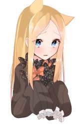 Rule 34 | 1girl, abigail williams (fate), animal ears, artist request, bad id, bad pixiv id, black bow, black dress, blonde hair, blue eyes, bow, breasts, cat ears, dress, fate/grand order, fate (series), forehead, long hair, multiple bows, open mouth, orange bow, parted bangs, polka dot, polka dot bow, ribbed dress, simple background, sleeves past fingers, sleeves past wrists, small breasts, solo, white background