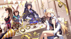 Rule 34 | 1other, 4girls, absurdres, alternate costume, amiya (arknights), animal, animal ear fluff, animal ears, animal on shoulder, arknights, ascot, bare legs, bare shoulders, black coat, black dress, black gloves, black hair, black jacket, blonde hair, blue eyes, blue gloves, blue necktie, blue shorts, blush, bracelet, breasts, cake, cake slice, candle, cat, cat ears, cat on shoulder, closed eyes, closed mouth, coat, crossed legs, doctor (arknights), dress, flower, food, food in mouth, fork, gloves, hand on own hip, happy birthday, heterochromia, highres, holding, holding fork, indoors, jacket, jacket on shoulders, jewelry, long hair, long sleeves, looking at viewer, medium breasts, mouth hold, multiple girls, necktie, nightmare (arknights), orange eyes, party popper, pennant, plate, pocky, pocky in mouth, pov, purple ascot, rabbit ears, red dress, red flower, red rose, rose, shawl, shirt, shorts, sideboob, skyfire (arknights), smile, table, texas (arknights), unmei no watashijin, vase, very long hair, white cat, white flower, white rose, white shirt, wolf ears, yellow eyes