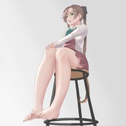 Rule 34 | 1girl, akigumo (kancolle), barefoot, brown hair, feet, green eyes, hand on own knee, kantai collection, long hair, looking at viewer, open mouth, ponytail, sitting, soles, stool, toes