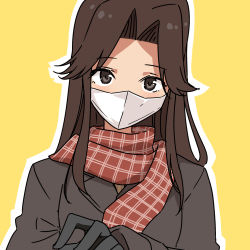 Rule 34 | 1girl, alternate costume, black gloves, brown coat, brown eyes, brown hair, brown scarf, coat, commentary request, facial mask, gloves, hair intakes, highres, jintsuu (kancolle), kantai collection, long hair, looking at viewer, masukuza j, scarf, school uniform, serafuku, solo, winter clothes, yellow background