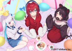 Rule 34 | 3girls, ange katrina, animal ears, bed, bed sheet, black hair, blouse, blue eyes, blue skirt, blush, cardigan, closed eyes, closed mouth, collarbone, commentary request, cookie, copyright name, cup, doughnut, dutch angle, food, from above, hair intakes, hat, inui toko, lize helesta, looking at another, multicolored hair, multiple girls, nijisanji, on bed, open mouth, pillow, plate, pokachu, purple eyes, red hair, red skirt, shirt, sidelocks, sitting, skirt, sleepover, smile, spoon, stuffed animal, stuffed toy, sweets, tea, tea party, teacup, two-tone hair, virtual youtuber, wariza, white hair, white legwear