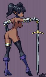 Rule 34 | 1girl, ass, black thighhighs, blunt bangs, boots, breasts, dark skin, from behind, gauntlets, high heel boots, high heels, holding, holding sword, holding weapon, large breasts, looking at viewer, looking back, lowres, mabius, nipples, nude, original, pixel art, pointy ears, purple footwear, simple background, smile, solo, sword, thighhighs, twintails, weapon