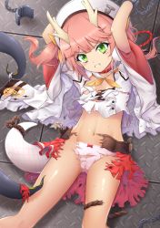 Rule 34 | 1girl, arms up, azur lane, beret, breasts, chain, chained, chain, commentary request, dragon tail, glaring, green eyes, hat, horns, isa, long sleeves, looking at viewer, low twintails, navel, panties, pink hair, pink panties, rope, ryuujou (azur lane), scowl, skirt, small breasts, solo, sweat, tail, torn clothes, torn skirt, twintails, underwear