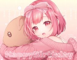 Rule 34 | 1girl, artist name, bow, commentary request, hairband, happy birthday, hinata mizuiro, hugging object, long sleeves, looking at viewer, ootori emu, open mouth, pink bow, pink eyes, pink hair, pink hairband, pink sweater, project sekai, short hair, solo, star (symbol), sweater, teeth, upper body, upper teeth only