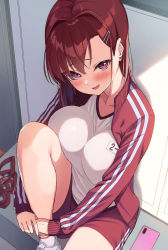 Rule 34 | 1girl, blush, breasts, brown hair, cellphone, commentary request, door, earrings, from above, hair ornament, hairclip, headband, unworn headband, highres, ishizaka ryuudai, jacket, jewelry, knee up, large breasts, looking at viewer, original, pants, phone, shoes, short hair, shorts, sitting, smartphone, socks, solo, sportswear, track jacket, track pants, track uniform, translation request, uniform