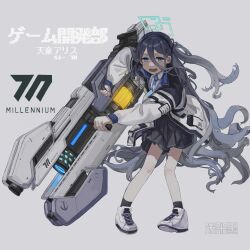 Rule 34 | 1girl, aris (blue archive), black hair, black hairband, black skirt, black socks, blue archive, blue eyes, character name, coat, full body, grey background, hair between eyes, hairband, halo, highres, holding, holding weapon, kuro4221, long hair, long sleeves, looking at viewer, necktie, one side up, open clothes, open coat, open mouth, pleated skirt, railgun, shoes, simple background, skirt, sneakers, socks, solo, very long hair, weapon, white footwear