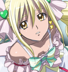 Rule 34 | 1girl, armpit hair, armpits, bare shoulders, blonde hair, bow, cure echo, downblouse, dress, earrings, flat chest, frills, from above, hair between eyes, hair ribbon, haruyama kazunori, heart, jewelry, long hair, looking at viewer, looking up, magical girl, off shoulder, parted lips, pink bow, precure, precure all stars new stage: mirai no tomodachi, ribbon, sakagami ayumi, sidelocks, solo, star (symbol), twintails, upper body, yellow eyes