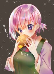 Rule 34 | 1girl, absurdres, alternate hairstyle, apron, black dress, blush, cream puff, dress, eating, fate/grand order, fate (series), food, goo-yan (ogura tomomi), green apron, highres, holding, holding food, long sleeves, looking at object, mash kyrielight, necktie, purple eyes, purple hair, red necktie, shirt, short hair, solo, upper body, white shirt