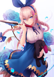 Rule 34 | 1girl, blue eyes, blue flower, blue rose, bow, braid, commentary request, hugging doll, flower, gradient background, hair ornament, hairband, hairclip, highres, holding, ironatsuki, knife, long hair, looking at viewer, low twin braids, nail polish, hugging object, original, rabbit hair ornament, rose, silver hair, simple background, smile, solo, stuffed animal, stuffed rabbit, stuffed toy, twin braids, white background