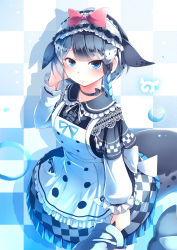 Rule 34 | 10s, 1girl, absurdres, alternate costume, apron, black choker, blue eyes, blue hair, bow, braid, cetacean tail, checkered background, choker, commentary request, dress, fins, fish tail, frilled dress, frilled shirt collar, frills, frown, grey hair, hand in own hair, hand up, headdress, highres, japari symbol, kanzakietc, kemono friends, lace, long sleeves, looking at viewer, multicolored hair, narwhal (kemono friends), pink bow, puffy sleeves, side braid, simple background, single braid, solo, tail, white hair