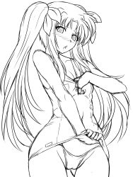 Rule 34 | 00s, 1girl, bare shoulders, blush, breasts, cleavage, covered navel, fate testarossa, greyscale, hair ribbon, highres, long hair, lyrical nanoha, mahou shoujo lyrical nanoha, monochrome, one-piece swimsuit, ribbon, school swimsuit, school swimsuit flap, sketch, solo, swimsuit, taro, twintails