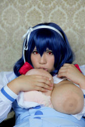 Rule 34 | blue hair, bra, breast sucking, breasts, breasts out, chouzuki maryou, cosplay, hairband, large breasts, lingerie, photo (medium), plump, red eyes, seikon no qwaser, self breast sucking, thick thighs, thighhighs, thighs, underwear, yamanobe tomo