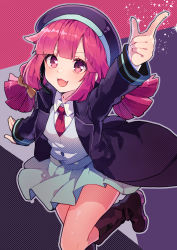 Rule 34 | 1girl, :3, :d, arm up, bad id, bad pixiv id, beret, black coat, black footwear, black hat, blue skirt, blush, boots, bow, buro (muse dash), coat, collared shirt, fang, finger gun, floating hair, glint, hair bow, hat, highres, ikeuchi tanuma, knee boots, leg up, long coat, long hair, long sleeves, looking at viewer, microphone, miniskirt, muse dash, necktie, open clothes, open coat, open mouth, pink eyes, pink hair, red necktie, shirt, shirt tucked in, sidelocks, skirt, smile, solo, twintails, undershirt, v-shaped eyebrows, white shirt, wing collar, yellow bow