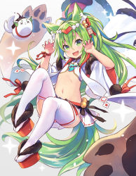 Rule 34 | 1girl, :d, animal ear fluff, animal ears, azur lane, bell, blush, claw pose, commentary request, crop top, fangs, full body, fur-trimmed sleeves, fur trim, green eyes, green hair, hair bell, hair between eyes, hair ornament, hands up, highres, isokaze (azur lane), isokaze (new year&#039;s campaign) (azur lane), jingle bell, knee up, long hair, long sleeves, looking at viewer, navel, open mouth, red footwear, ribbon-trimmed skirt, ribbon trim, sandals, short sleeves, skirt, smile, solo, sparkle, tabi, tail, thighhighs, very long hair, white skirt, white thighhighs, wide sleeves, yuko (uc yuk), zouri
