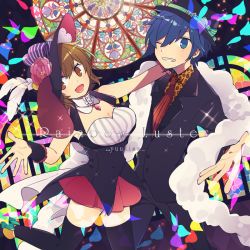 Rule 34 | 1boy, 1girl, animal print, blue eyes, blue hair, breasts, brown eyes, brown hair, cleavage, collared shirt, earrings, english text, feather boa, flower, formal, hat, jewelry, kaito (vocaloid), large breasts, leopard print, long sleeves, looking at viewer, meiko (vocaloid), necktie, one eye closed, open mouth, producer, shirt, short hair, skirt, sleeveless, smile, song name, sparkle, stained glass, suit, text focus, thighhighs, vocaloid, waistcoat, yoshiki