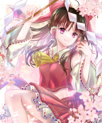 Rule 34 | 1girl, artist request, ascot, bow, brown hair, cherry blossoms, detached sleeves, flower, frilled shirt collar, frills, gohei, hair bow, hair tubes, hakurei reimu, highres, long hair, looking at viewer, petals, red shirt, red skirt, ribbon-trimmed sleeves, ribbon trim, shirt, skirt, skirt set, smile, solo, touhou, wide sleeves
