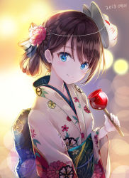 Rule 34 | 1girl, absurdres, backlighting, bad id, bad pixiv id, blue eyes, blush, bow, brown hair, candy apple, closed mouth, commentary request, dana (hapong07), dated, floral print, flower, food, fox mask, from side, hair bow, hair flower, hair ornament, hair rings, highres, holding, holding food, japanese clothes, kimono, lens flare, light, long sleeves, mask, mask on head, obi, original, print kimono, red flower, sash, short hair, smile, solo, striped, striped bow, upper body, white kimono, wide sleeves, yukata