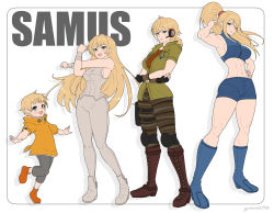 Rule 34 | 1girl, age progression, blonde hair, blue bodysuit, blue eyes, bodysuit, breasts, closed mouth, crossed arms, dress, dual persona, full body, gonzarez, highres, jacket, long hair, looking at viewer, metroid, metroid: other m, metroid fusion, navel, nintendo, open mouth, ponytail, samus aran, shorts, smile, aged down