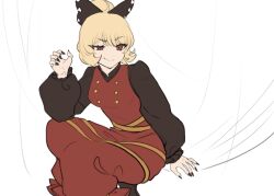 Rule 34 | 1girl, ahoge, black bow, black nails, blonde hair, bow, brown dress, closed mouth, commentary, dress, hair bow, half-closed eye, kurodani yamame, long sleeves, looking at viewer, nupeya, short hair, simple background, smile, smug, solo, touhou, white background
