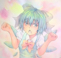 Rule 34 | 1girl, acrylic paint (medium), blue eyes, blue hair, bow, cirno, dress, graphite (medium), highres, ice, ice wings, matching hair/eyes, open mouth, painting (medium), short hair, solo, touhou, traditional media, upper body, watercolor (medium), wings, yuyu (00365676)