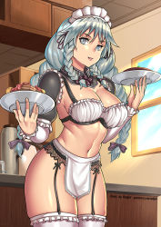 Rule 34 | 1girl, alternate costume, artist name, black bow, black ribbon, bow, braid, breasts, cake, cleavage, clothing request, commentary request, detached sleeves, enmaided, female focus, food, frills, garter belt, giovanni zaccaria, grayfia lucifuge, grey eyes, grey hair, hair bow, hair ornament, hair ribbon, high school dxd, holding, holding plate, indoors, kitchen, large breasts, long sleeves, looking at viewer, maid, maid headdress, matching hair/eyes, mature female, navel, patreon username, plate, revealing clothes, ribbon, skindentation, smile, solo, standing, thighhighs, twin braids, watermark, web address, white thighhighs