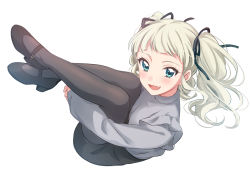Rule 34 | 1girl, :d, absurdres, aikatsu!, aikatsu! (series), bad id, bad twitter id, black footwear, black ribbon, blonde hair, blue eyes, fang, from side, full body, grey pantyhose, grey shirt, hair ribbon, high-waist skirt, highres, hugging own legs, long hair, long sleeves, looking at viewer, looking to the side, open mouth, pantyhose, pencil skirt, ribbon, sekina, shirt, shoes, simple background, skirt, smile, solo, todo yurika, twintails, white background