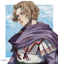 Rule 34 | 1boy, alexander the great, ancient greek clothes, artist name, blonde hair, blue eyes, blue sky, brooch, brown eyes, cape, capelin s, cloud, day, expressionless, fringe trim, greco-roman clothes, heterochromia, highres, jewelry, male focus, parted bangs, purple cape, real life, redrawn, short hair, sideways glance, sky, solo, twitter username, upper body