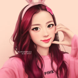 Rule 34 | 1girl, animal ears, artist name, blackpink, brown eyes, fake animal ears, group name, hair ornament, hair over shoulder, hand on own cheek, hand on own face, headband, jisoo (blackpink), logo, long hair, pink background, pink sweater, rabbit ears, real life, red hair, simple background, smile, solo, sweater, umigraphics, wavy hair