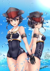Rule 34 | 2girls, :d, ass, asymmetrical hair, black hair, blush, breasts, brown eyes, commentary request, covered navel, day, framed breasts, gloves, gluteal fold, hair between eyes, hat, headphones, highres, i-13 (kancolle), i-14 (kancolle), interlocked fingers, kantai collection, kuga zankurou, looking at viewer, multiple girls, open mouth, outdoors, partially fingerless gloves, sailor collar, school swimsuit, short hair, small breasts, smile, swimsuit, water