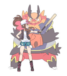 Rule 34 | 1girl, aqua shorts, baseball bat, baseball cap, black legwear, blush, boots, brown vest, closed mouth, cocoloco, commentary request, creatures (company), emboar, game freak, gen 5 pokemon, hand on own hip, hat, hilda (pokemon), holding, holding baseball bat, knees, long hair, looking to the side, nintendo, poke ball print, pokemon, pokemon (creature), pokemon bw, shirt, shorts, sidelocks, simple background, smile, socks, standing, vest, white background, white shirt, wristband