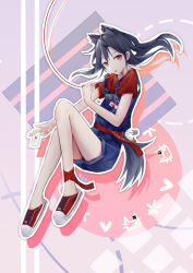 Rule 34 | 0 (znanimo), 1girl, absurdres, alternate costume, animal ears, arknights, black hair, blue overalls, blue shorts, charm (object), clothes writing, ear piercing, extra ears, full body, highres, knees up, long hair, looking at viewer, orange eyes, overalls, piercing, red footwear, red shirt, shirt, shoes, short sleeves, shorts, solo, tail, texas (arknights), wolf ears, wolf girl, wolf tail