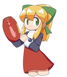 Rule 34 | 1girl, arm cannon, black sleeves, closed mouth, cocia (kosianko), dress, green ribbon, hair between eyes, hair ribbon, long hair, long sleeves, looking to the side, mega man (classic), mega man (series), ponytail, red dress, ribbon, roll (mega man), sidelocks, smile, solo, weapon, white background