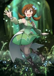 Rule 34 | 1girl, arm up, blue flower, blush, breasts, brown eyes, cerise, creatures (company), detached sleeves, flower, game freak, hair flower, hair ornament, highres, leg up, long sleeves, lyra (pokemon), lyra (sygna suit) (pokemon), nature, nintendo, official alternate costume, open mouth, pokemon, pokemon masters ex, small breasts, solo, teeth, tree, twintails, upper teeth only