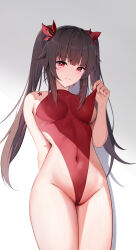 Rule 34 | 1girl, absurdres, blunt bangs, breasts, brown hair, commentary request, covered navel, cowboy shot, facial mark, grey background, grin, groin, highres, honkai: star rail, honkai (series), leotard, looking at viewer, medium breasts, red eyes, red leotard, shoulder tattoo, sidelocks, smile, solo, sparkle (honkai: star rail), standing, tattoo, thighs, twintails, yeni1871
