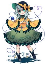 Rule 34 | 1girl, bow, floral print, full body, green eyes, hat, hat bow, heart, heart hands, heart of string, komeiji koishi, long sleeves, looking at viewer, open mouth, shirt, silver hair, skirt, smile, solo, third eye, touhou, toutenkou, wide sleeves